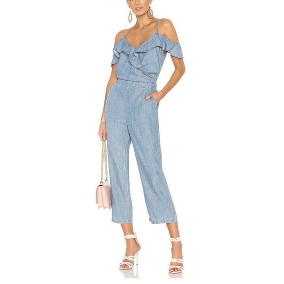 New Micheal Stars Chambray Jumpsuit Womens Size Small Blue Ruffled Wide Leg Pant - Picture 14 of 14
